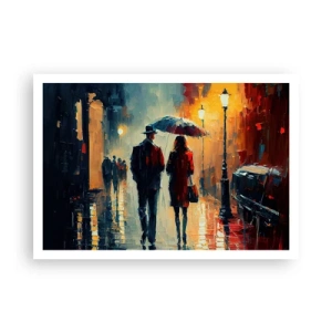 Poster - Camminare sotto la pioggia sotto un ombrello in città di notte - 100x70cm - Love story cittadina - Decorazione murale moderna per soggiorno e camera da letto ARTTOR