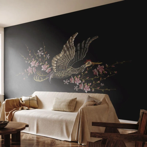 Fotomurali Premium Canvas - Uccello esotico ricamato - Uccello, Grafica, Fiori - 450x315 cm