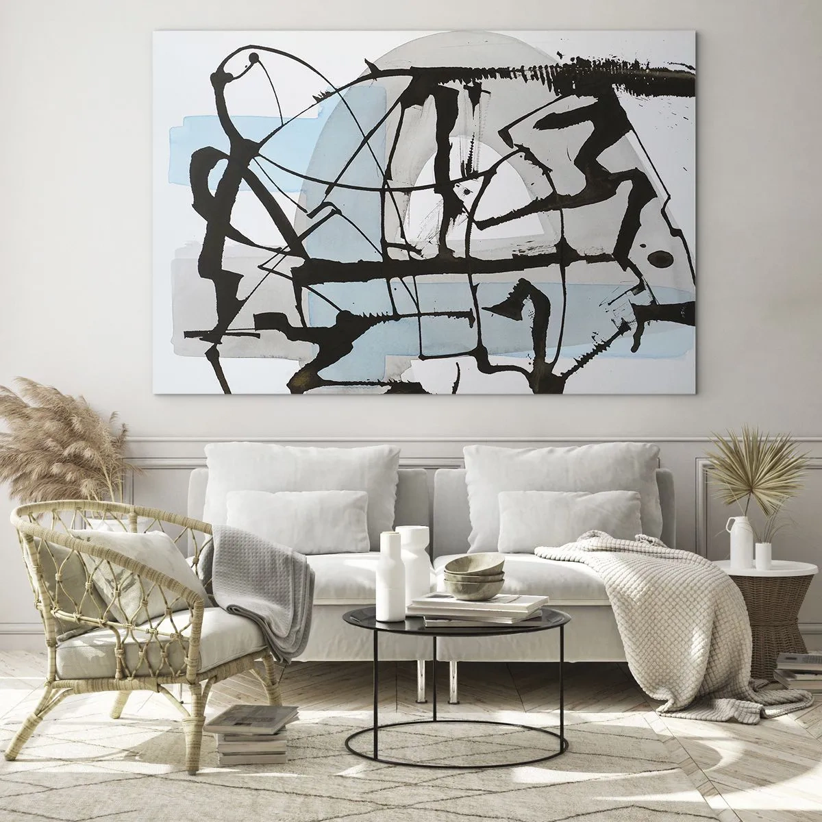 Quadro su vetro - Composizione astratta con uno schizzo nero e macchie blu - 100x70cm - Blu nonostante tutto - Decorazione murale moderna per soggiorno e camera da letto ARTTOR