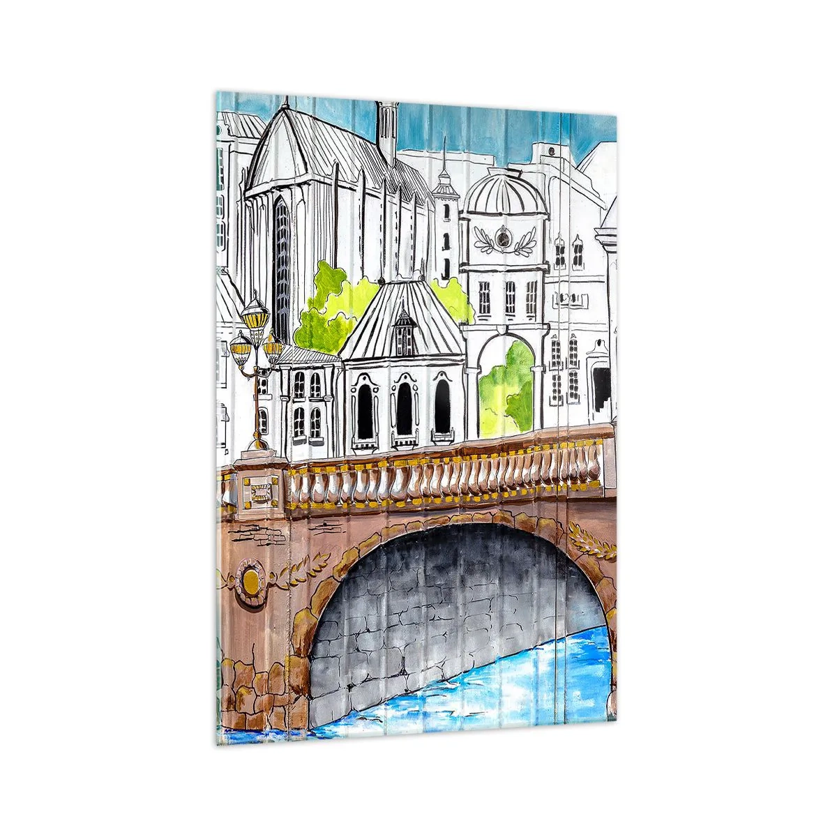 Quadro su vetro - Disegno del ponte e dell'architettura urbana storica - 70x100cm - Una città come dipinta - Decorazione murale moderna per soggiorno e camera da letto ARTTOR