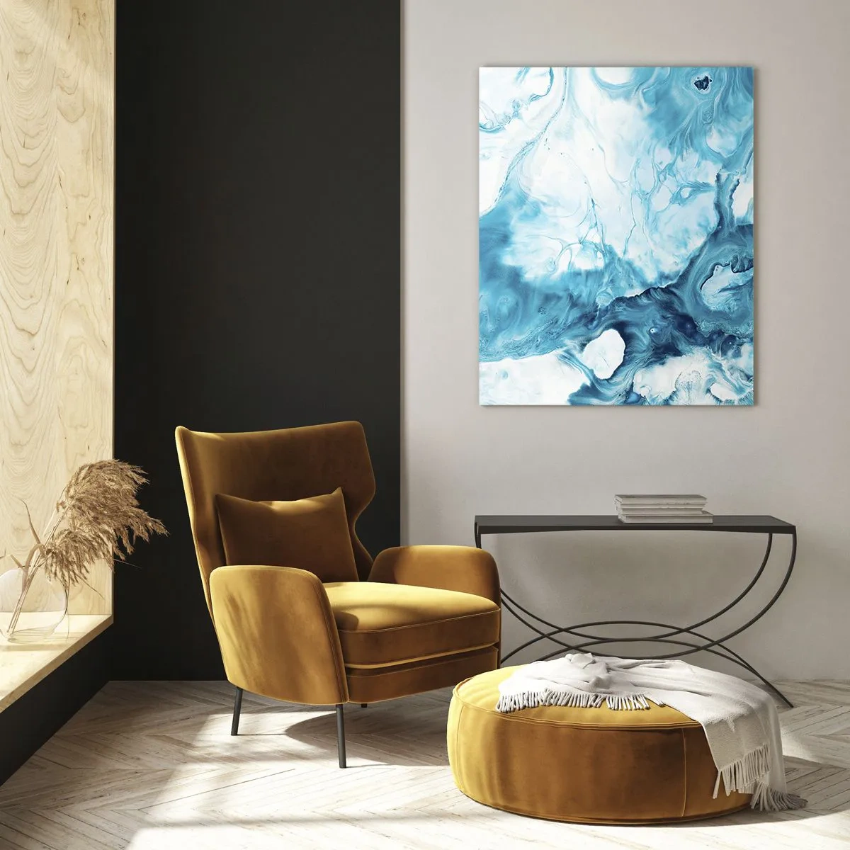 Quadro su vetro - Motivo astratto nei toni del blu - 70x100cm - Concerto di blu - Decorazione murale moderna per soggiorno e camera da letto ARTTOR