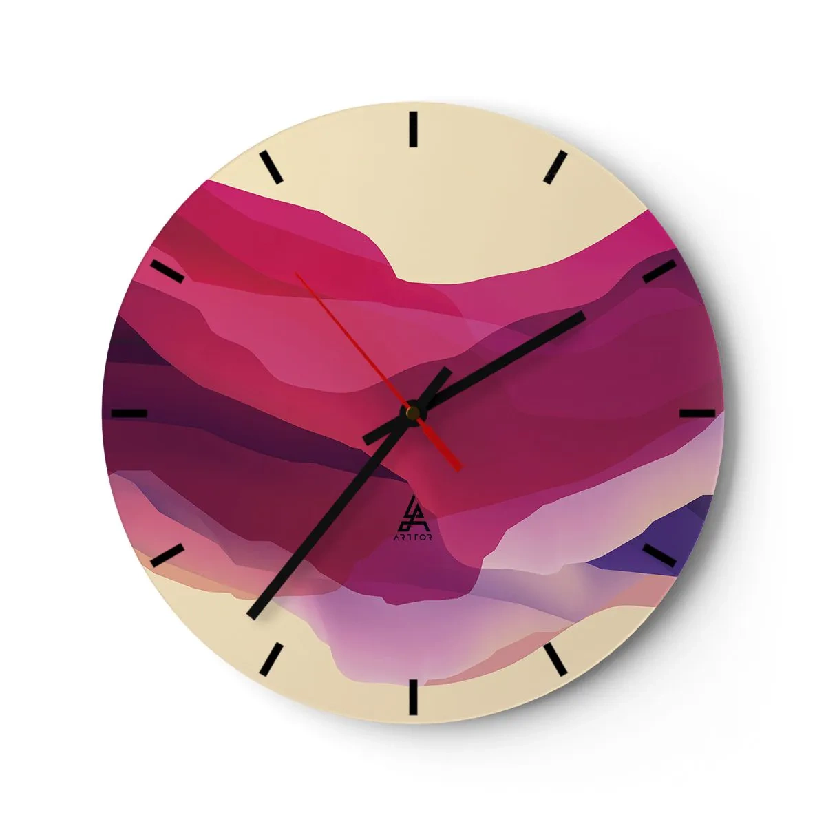 Orologio da parete - Orologio in Vetro - Motivo astratto nei toni del rosa e del viola - 30x30cm - Onde di porpora - Decorazione murale moderna per soggiorno, cucina e camera da letto ARTTOR