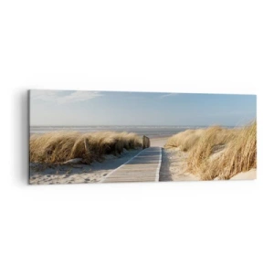 Quadro su tela - Stampe su Tela - Un sentiero di legno conduce attraverso le dune fino al mare calmo - 140x50cm - Dopo la duna, nel fruscio dell'erba - Decorazione murale moderna per soggiorno e camera da letto ARTTOR