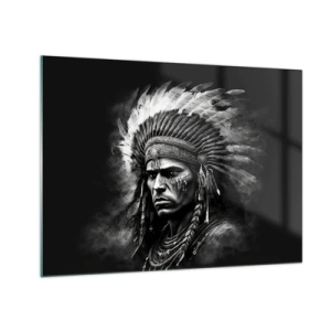 Quadro su vetro - Ritratto in bianco e nero di un guerriero con un copricapo piumato - 70x50cm - Capo e guerriero - Decorazione murale moderna per soggiorno e camera da letto ARTTOR