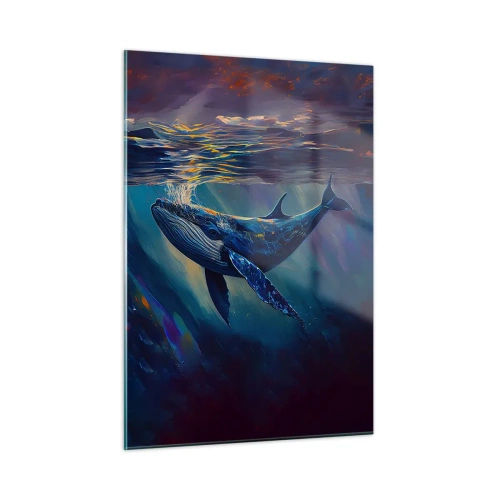 Quadro su vetro - Una balena che galleggia sott'acqua alla luce del sole - 50x70cm - Benvenuti nel mio mondo - Decorazione murale moderna per soggiorno e camera da letto ARTTOR