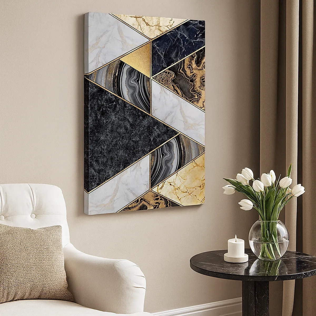Quadro su tela - Stampe su Tela - Triangoli geometrici in oro, marmo e tonalità scure - 50x70cm - Pietra su pietra - Decorazione murale moderna per soggiorno e camera da letto ARTTOR