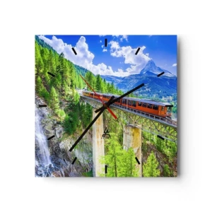 Orologio da parete - Orologio in Vetro - Montagne russe su un ponte con vista su una cascata e sulle montagne - 30x30cm - Ferrovia alpina - Decorazione murale moderna per soggiorno e camera da letto ARTTOR