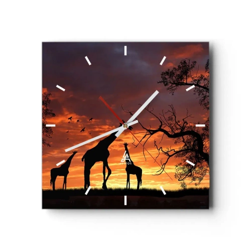 Orologio da parete - Orologio in Vetro - Sagome di giraffe sullo sfondo del tramonto africano - 30x30cm - Piccola cena tra amici - Decorazione murale moderna per soggiorno e camera da letto ARTTOR