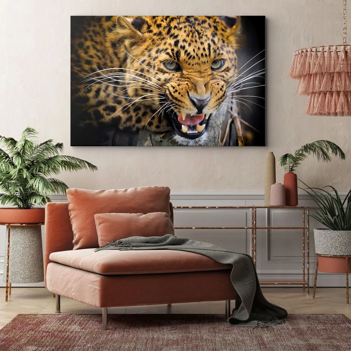 Quadro su tela - Stampe su Tela - Primo piano di un leopardo minaccioso con le zanne scoperte. - 70x50cm - Non avvicinarti, ti avverto! - Decorazione murale moderna per soggiorno e camera da letto ARTTOR
