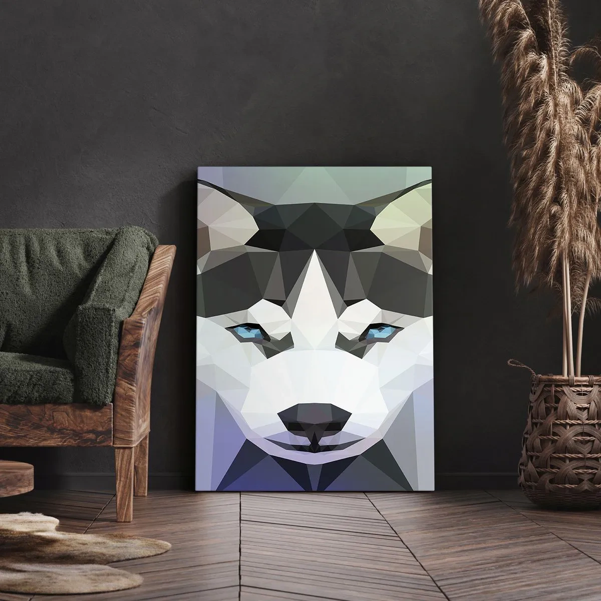 Quadro su tela - Stampe su Tela - Lupo geometrico con espressivi occhi azzurri - 50x70cm - Ricordo delle nevi del nord - Decorazione murale moderna per soggiorno e camera da letto ARTTOR