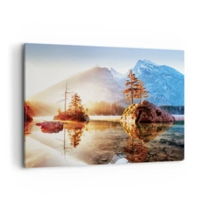 Quadro su tela - Stampe su Tela - Un lago con isole e montagne sullo sfondo all'alba - 120x80cm - La natura in una nuova luce - Decorazione murale moderna per soggiorno e camera da letto ARTTOR