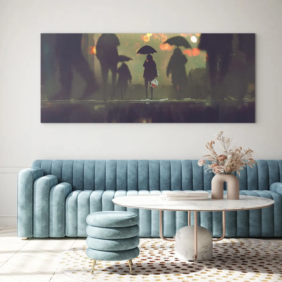 Quadro su vetro - Una figura con un ombrello in una sera piovosa tra le luci della città - 160x50cm - Dalla prospettiva di una goccia di pioggia - Decorazione murale moderna per soggiorno e camera da letto ARTTOR