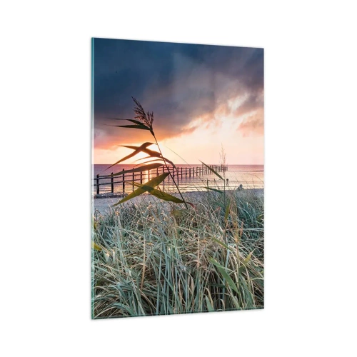Quadro su vetro - Spiaggia al tramonto con erba in primo piano - 80x120cm - Non andrà via col vento - Decorazione murale moderna per soggiorno e camera da letto ARTTOR