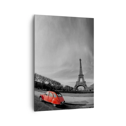Quadro su tela - Stampe su Tela - Un'auto rossa con la Torre Eiffel sullo sfondo in un paesaggio in bianco e nero - 70x100cm - Più parigine di Parigi - Decorazione murale moderna per soggiorno e camera da letto ARTTOR