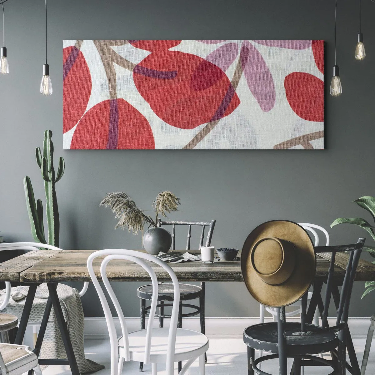 Quadro su tela - Stampe su Tela - Fiori e foglie nelle tonalità del rosso e del rosa - 120x50cm - Composizione di fiori in rosa - Decorazione murale moderna per soggiorno e camera da letto ARTTOR