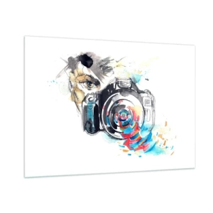 Quadro su vetro - Fotocamera con elementi astratti colorati - 100x70cm - Nell'occhio dell'obiettivo - Decorazione murale moderna per soggiorno e camera da letto ARTTOR