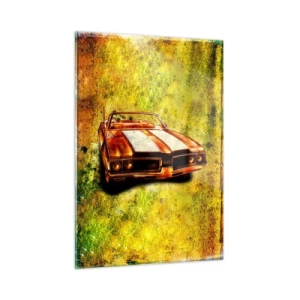 Quadro su vetro - Una decappottabile sportiva d'epoca su uno sfondo artistico - 50x70cm - La potenza racchiusa nelle forme - Decorazione murale moderna per soggiorno e camera da letto ARTTOR