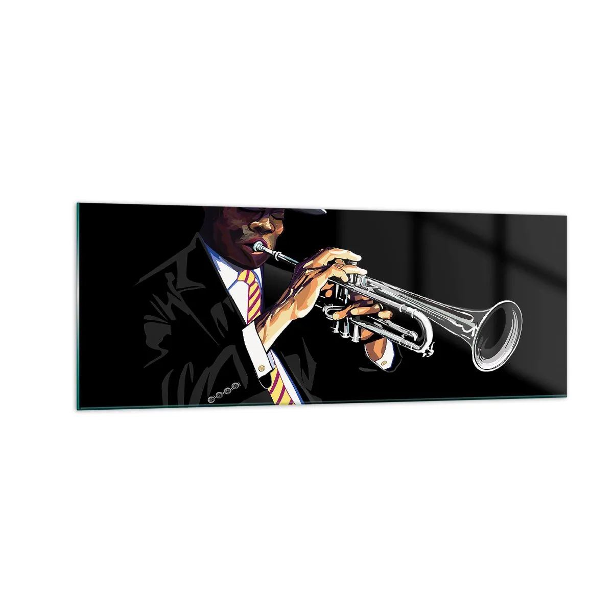 Quadro su vetro - Un musicista che suona la tromba su uno sfondo nero - 140x50cm - Il fascino della Old School - Decorazione murale moderna per soggiorno e camera da letto ARTTOR