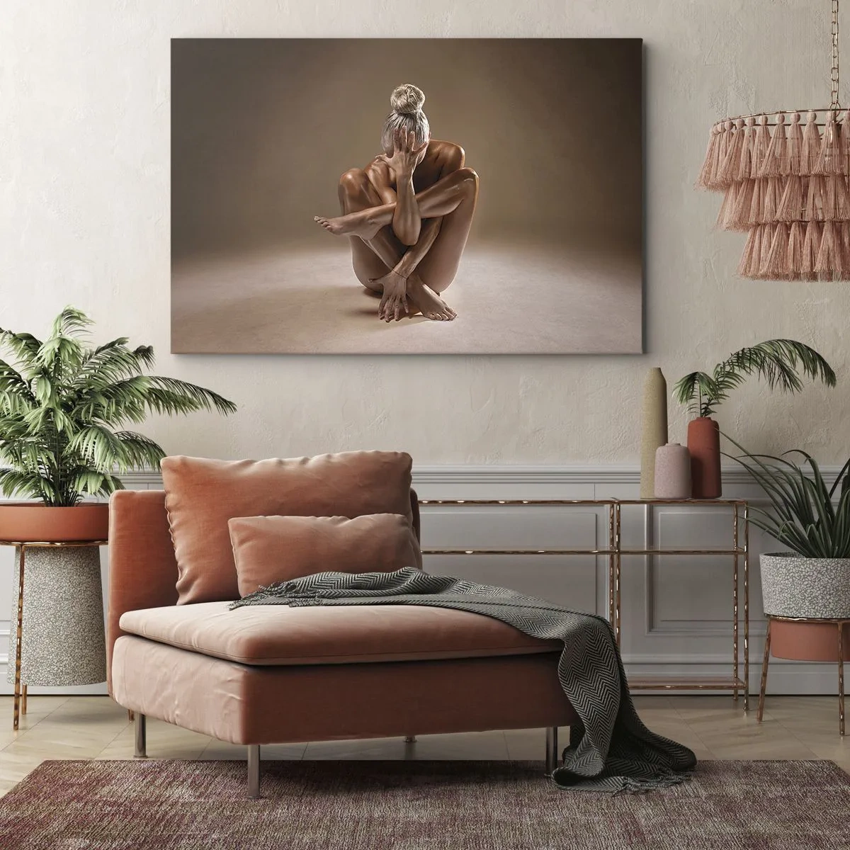 Quadro su tela - Stampe su Tela - Silhouette artistica di una donna su sfondo beige - 70x50cm - Unità di corpo e anima - Decorazione murale moderna per soggiorno e camera da letto ARTTOR