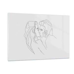 Quadro su vetro - Un disegno minimalista di una coppia in un bacio romantico - 120x80cm - La stessa linea - Decorazione murale moderna per soggiorno e camera da letto ARTTOR