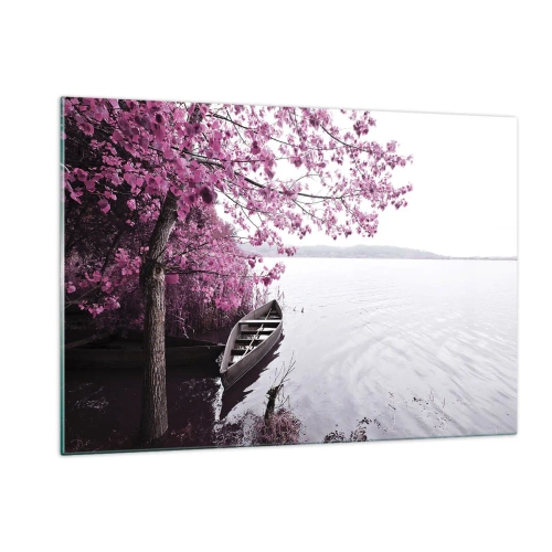 Quadro su vetro - Una barca sulla riva con un albero rosa sull'acqua - 120x80cm - Nel silenzio rosa - Decorazione murale moderna per soggiorno e camera da letto ARTTOR