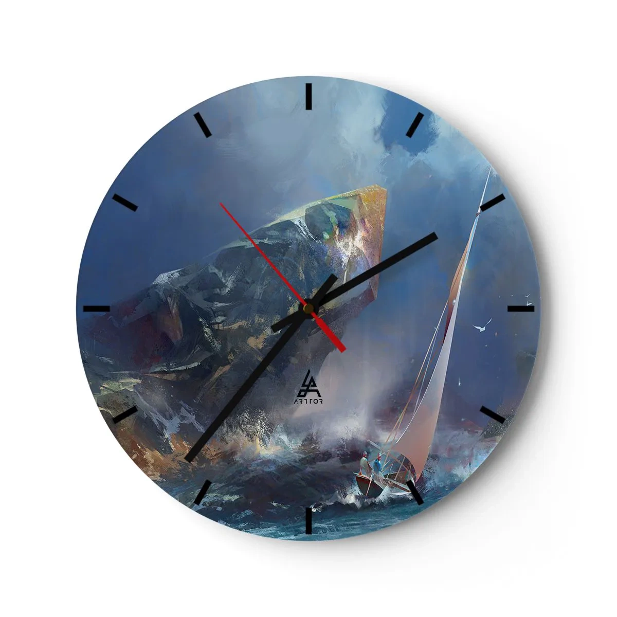 Orologio da parete - Orologio in Vetro - Uno yacht in un mare in tempesta vicino alle rocce in stile astratto. - 30x30cm - Vince chi ha coraggio - Decorazione murale moderna per soggiorno, cucina e camera da letto ARTTOR