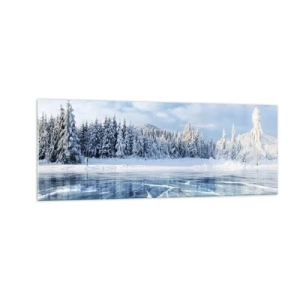 Quadro su vetro - Un lago ghiacciato circondato da una foresta innevata - 140x50cm - Vista lucente e cristallina - Decorazione murale moderna per soggiorno e camera da letto ARTTOR
