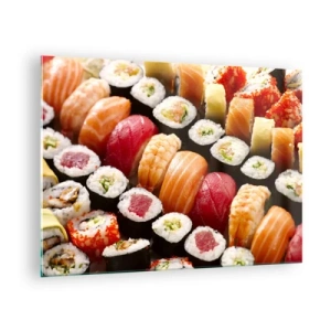 Quadro su vetro - Una composizione di sushi colorata con una varietà di ingredienti - 70x50cm - Colori e sapori dell'Asia - Decorazione murale moderna per soggiorno e camera da letto ARTTOR