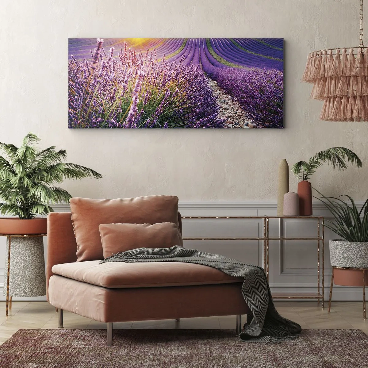 Quadro su tela - Stampe su Tela - Campo di lavanda al tramonto - 160x50cm - Campo profumato - Decorazione murale moderna per soggiorno e camera da letto ARTTOR