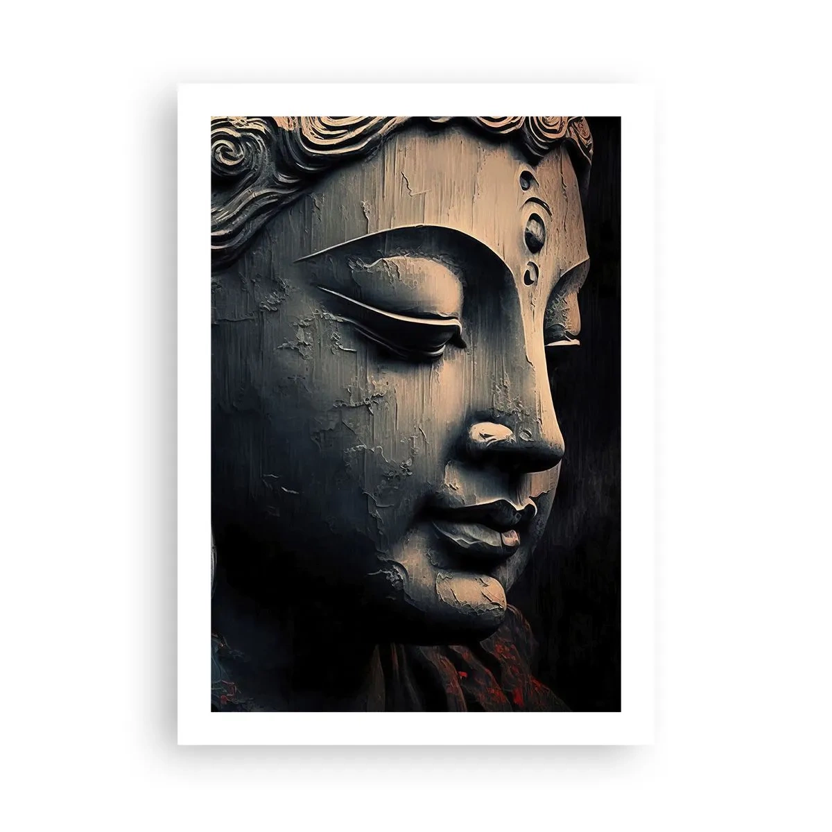 Poster - Primo piano di una scultura del Buddha in luce calda - 50x70cm - In armonia con il mondo - Decorazione murale moderna per soggiorno e camera da letto ARTTOR