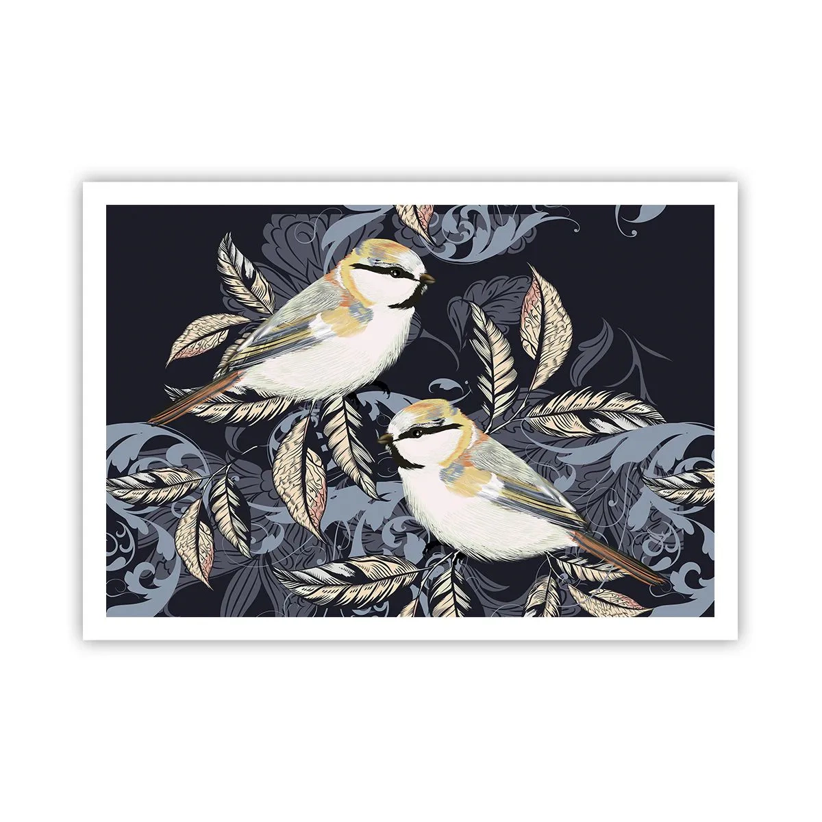 Poster - Uccelli sui rami in uno sfondo ornamentale - 100x70cm - Cinguettio oro e blu - Decorazione murale moderna per soggiorno e camera da letto ARTTOR