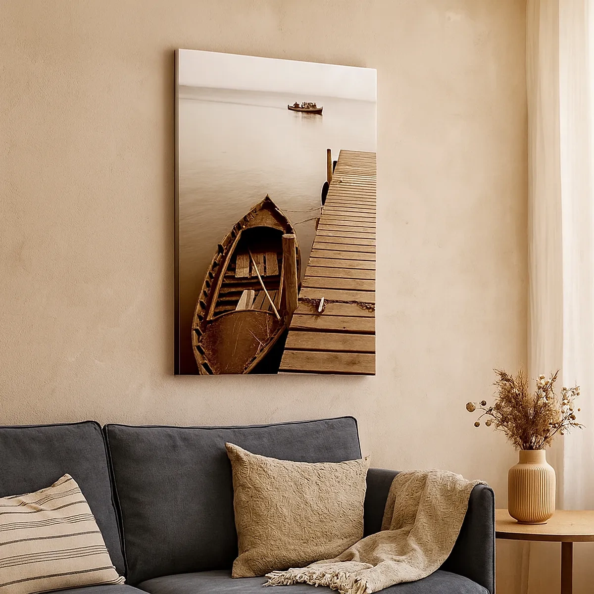 Quadro su tela - Stampe su Tela - Molo di legno e barca su un lago calmo - 50x70cm - La grande pace - Decorazione murale moderna per soggiorno e camera da letto ARTTOR