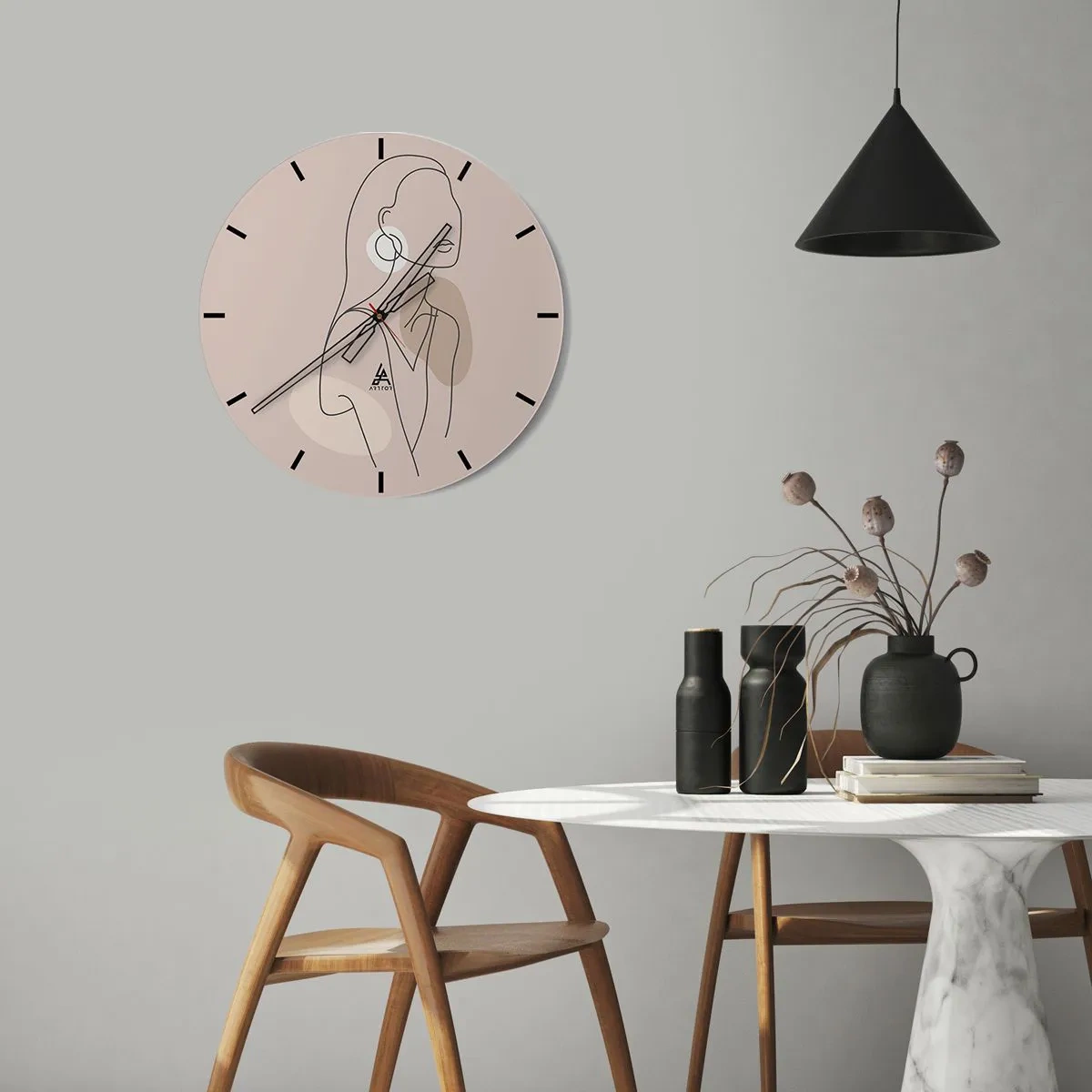 Orologio da parete - Orologio in Vetro - Una linea minimalista di una silhouette femminile su uno sfondo beige - 30x30cm - Icona di giovinezza - Decorazione murale moderna per soggiorno, cucina e camera da letto ARTTOR