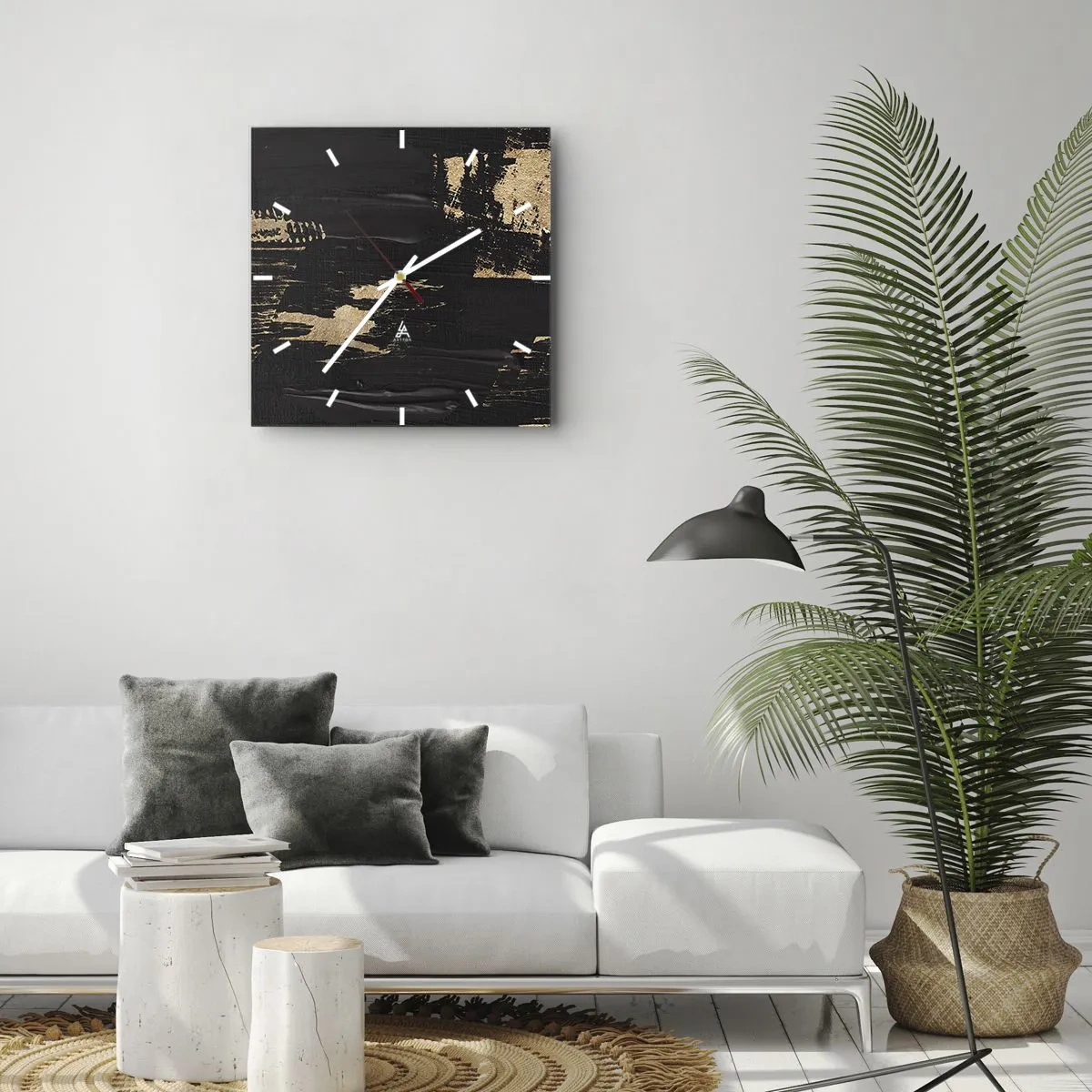 Orologio da parete - Orologio in Vetro - Composizione astratta nei toni del nero e dell'oro - 30x30cm - Tracce del contatto - Decorazione murale moderna per soggiorno e camera da letto ARTTOR