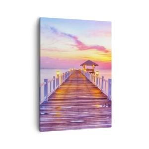 Quadro su tela - Stampe su Tela - Un molo sull'acqua al tramonto in colori pastello - 50x70cm - Silenzio della sera in lilla e oro - Decorazione murale moderna per soggiorno e camera da letto ARTTOR