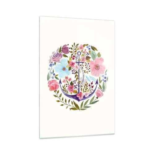 Quadro su vetro - Un'ancora circondata da fiori acquerellati su uno sfondo chiaro - 70x100cm - Il bel sogno del marinaio - Decorazione murale moderna per soggiorno e camera da letto ARTTOR