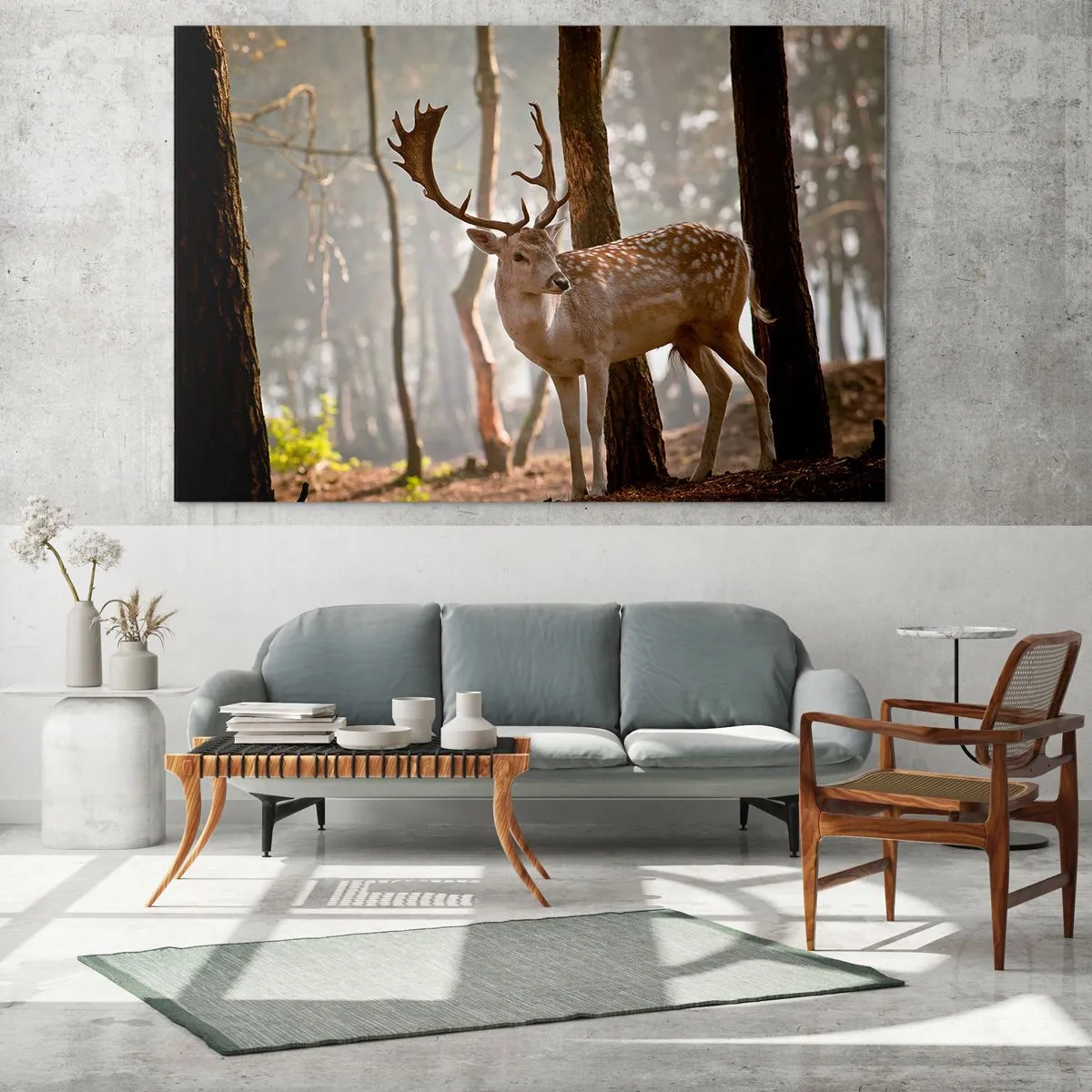 Quadro su vetro - Un cervo nella foresta circondato dalla nebbia mattutina - 70x50cm - La luce della giovinezza - Decorazione murale moderna per soggiorno e camera da letto ARTTOR