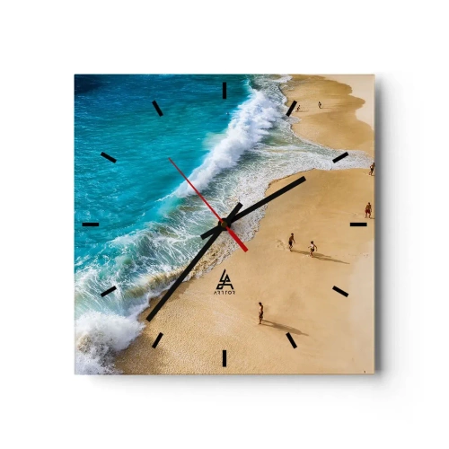 Orologio da parete - Orologio in Vetro - Una spiaggia con acqua turchese e gente che cammina intorno - 30x30cm - E poi il sole, la spiaggia... - Decorazione murale moderna per soggiorno e camera da letto ARTTOR