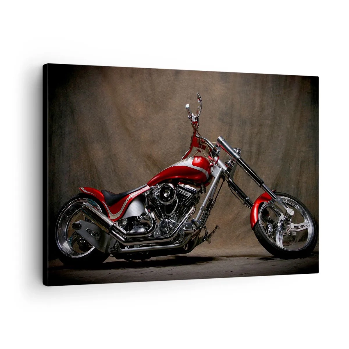 Quadro su tela - Stampe su Tela - Motocicletta personalizzata rossa su sfondo in tessuto marrone - 70x50cm - Bellezza in rosso e argento - Decorazione murale moderna per soggiorno e camera da letto ARTTOR