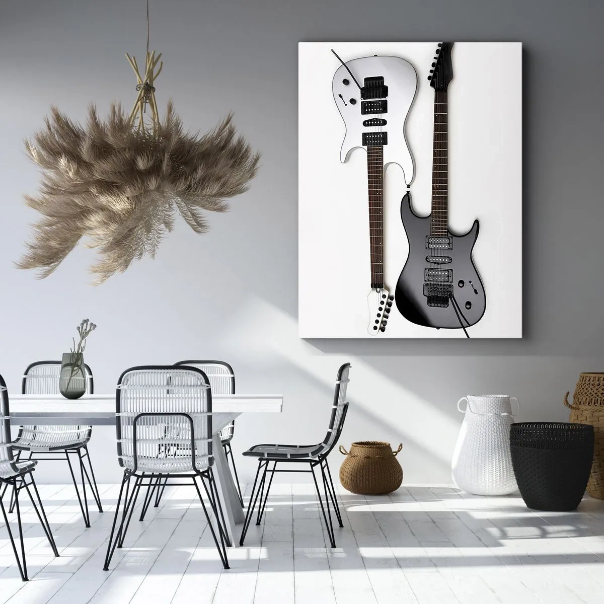 Quadro su tela - Stampe su Tela - Due chitarre elettriche in bianco e nero su uno sfondo chiaro. - 50x70cm - Armonia delle forme - Decorazione murale moderna per soggiorno e camera da letto ARTTOR