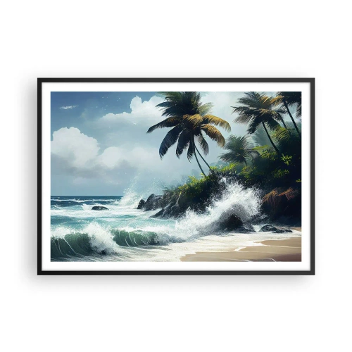 Poster in cornice nera - Costa tropicale con palme e mare agitato - 100x70cm - Sulla riva tropicale - Decorazione murale moderna per soggiorno e camera da letto ARTTOR