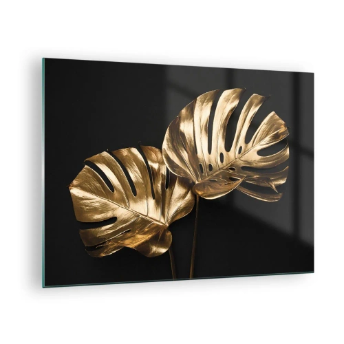 Quadro su vetro - Foglie di monstera dorate su sfondo nero - 70x50cm - I tesori della natura - Decorazione murale moderna per soggiorno e camera da letto ARTTOR
