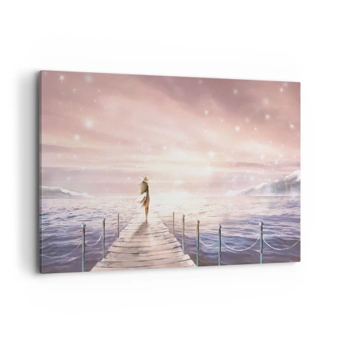 Quadro su tela - Stampe su Tela - Una donna su un molo in una magica cornice al tramonto - 120x80cm - Alla luce del sogno - Decorazione murale moderna per soggiorno e camera da letto ARTTOR
