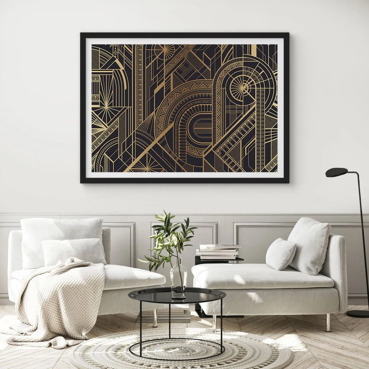 Poster in cornice nera - Motivi geometrici dorati su sfondo nero in stile Art Déco - 70x50cm - Concetti, idee, progetti - Decorazione murale moderna per soggiorno e camera da letto ARTTOR