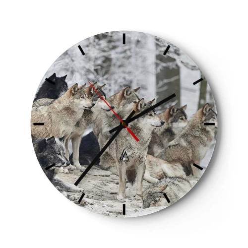 Orologio da parete - Orologio in Vetro - Un branco di lupi in una foresta invernale in un ambiente naturale - 30x30cm - Famiglia e amici - Decorazione murale moderna per soggiorno, cucina e camera da letto ARTTOR