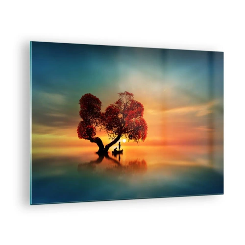 Quadro su vetro - Un albero con foglie rosse sullo sfondo del tramonto - 70x50cm - Gli esiliati e il silenzio fuori dal mondo - Decorazione murale moderna per soggiorno e camera da letto ARTTOR