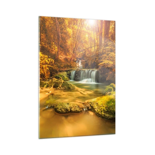 Quadro su vetro - Cascata nella foresta in oro - 50x70cm - Cascata boschiva in oro - Decorazione murale moderna per soggiorno e camera da letto ARTTOR
