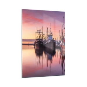 Quadro su vetro - Barche da pesca al tramonto in un porto tranquillo - 50x70cm - Prima del giorno successivo - Decorazione murale moderna per soggiorno e camera da letto ARTTOR