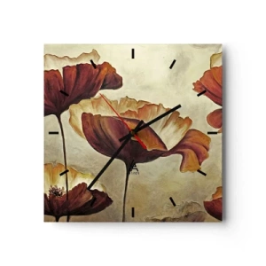 Orologio da parete - Orologio in Vetro - Fiori delicati nei toni del rosso e dell'oro su uno sfondo chiaro - 30x30cm - Nei prati e nei campi - Decorazione murale moderna per soggiorno e camera da letto ARTTOR