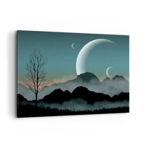Quadro su tela - Stampe su Tela - Montagne nebbiose con la luna e un albero solitario - 100x70cm - Il carnevale di una notte stellata - Decorazione murale moderna per soggiorno e camera da letto ARTTOR